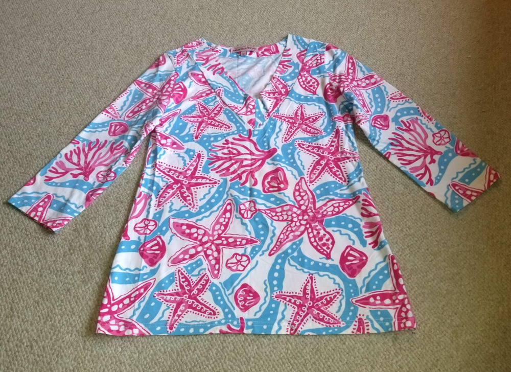 Womens Top-BARBARA GERWIT-pink/blue/white sea life cotton knit 3/4 slv Beachy-M